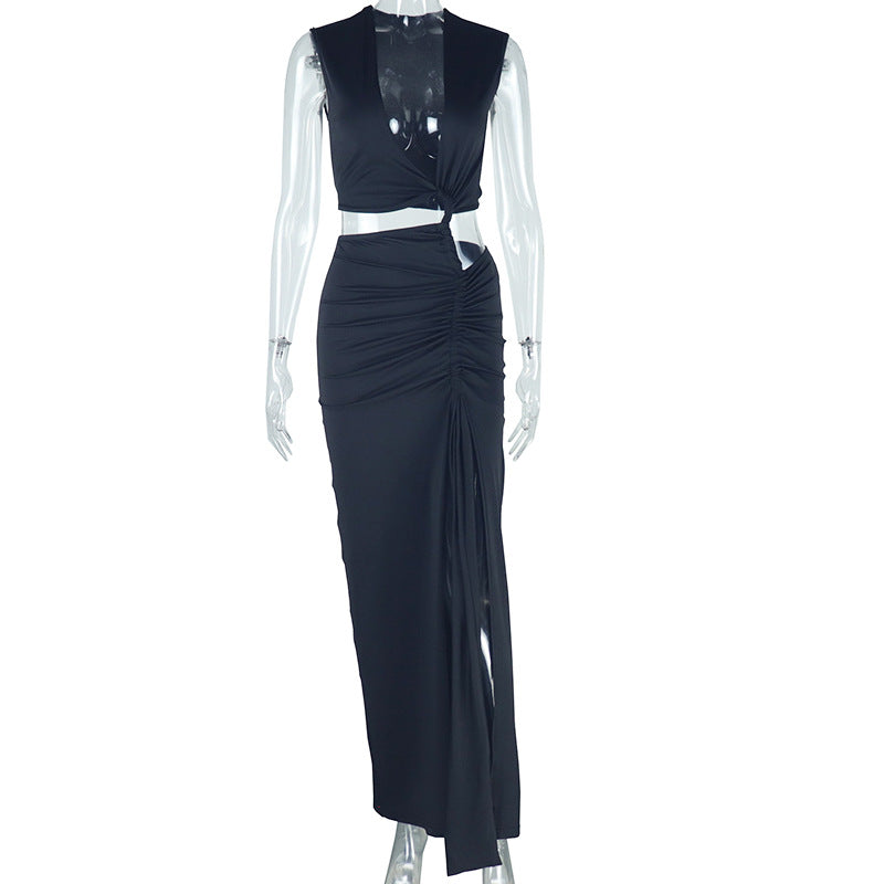 Women's Solid Color V-Neck Hollow Sleeveless Irregular Split Bodycon Maxi Dress