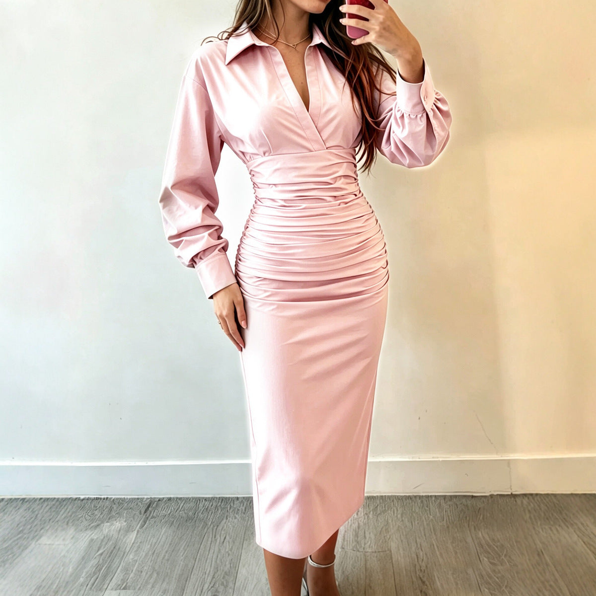 Women's Casual Temperament Solid Color Long Sleeve Waist Office Midi Dress