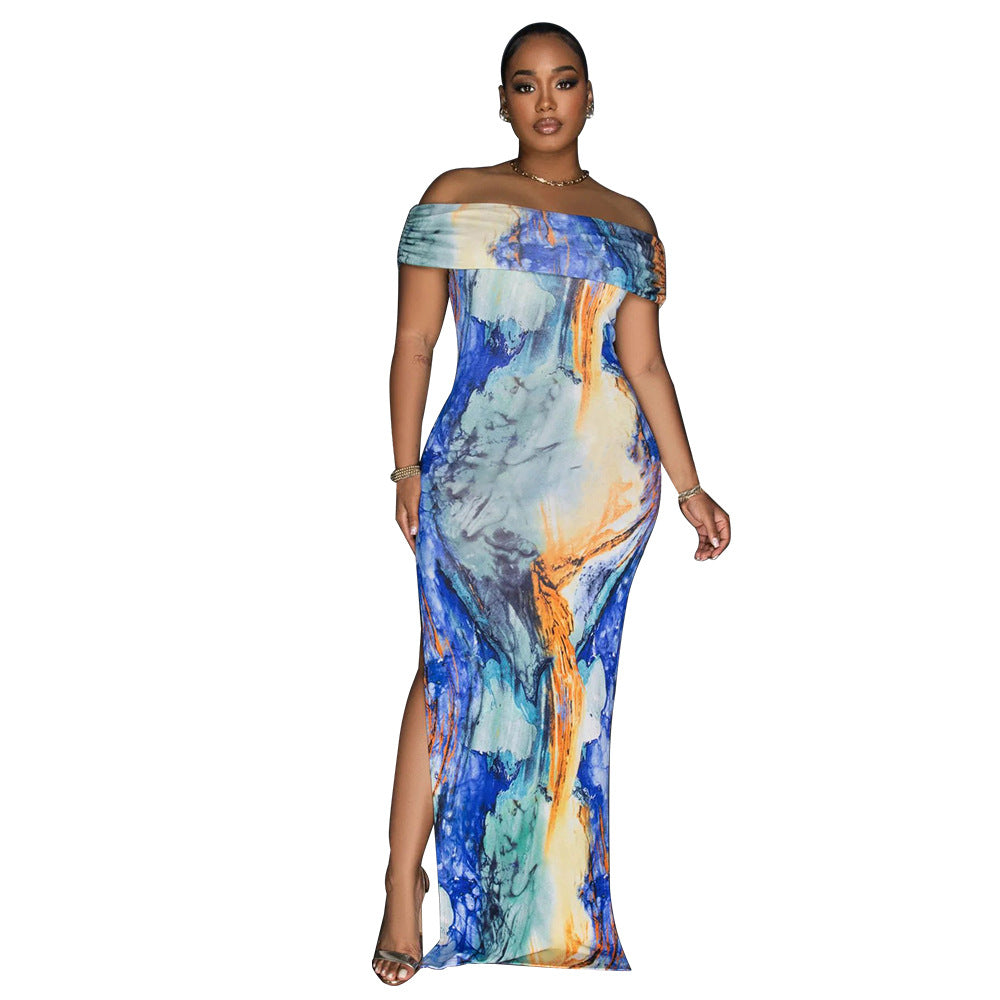 Women's Off-Shoulder Sexy High Split Tie Dye Print Maxi Dress