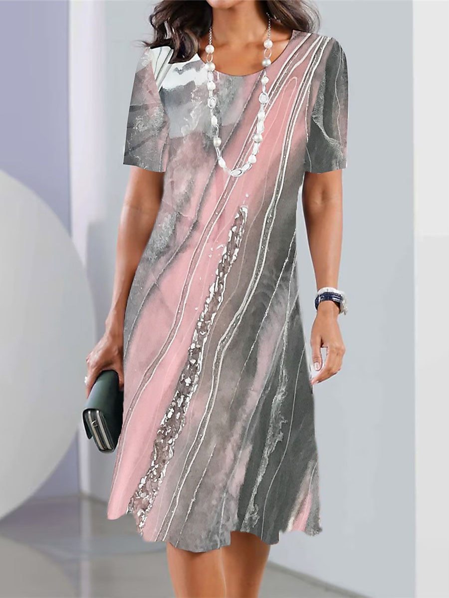 Women's Casual Geometric Print High Waist Midi Dress, Round Neck