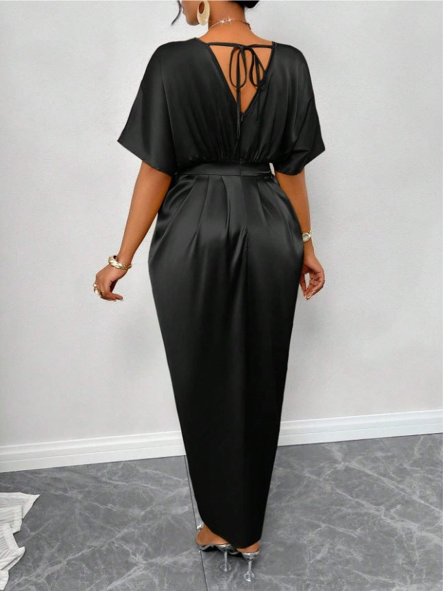 Women's Elegant Solid Color Satin V-Neck Short Sleeve Waist Dress