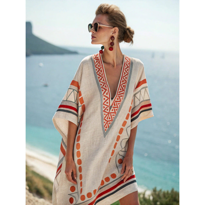 Women's Casual Boho Vacation Printed V-Neck Short Sleeve Loose Dress