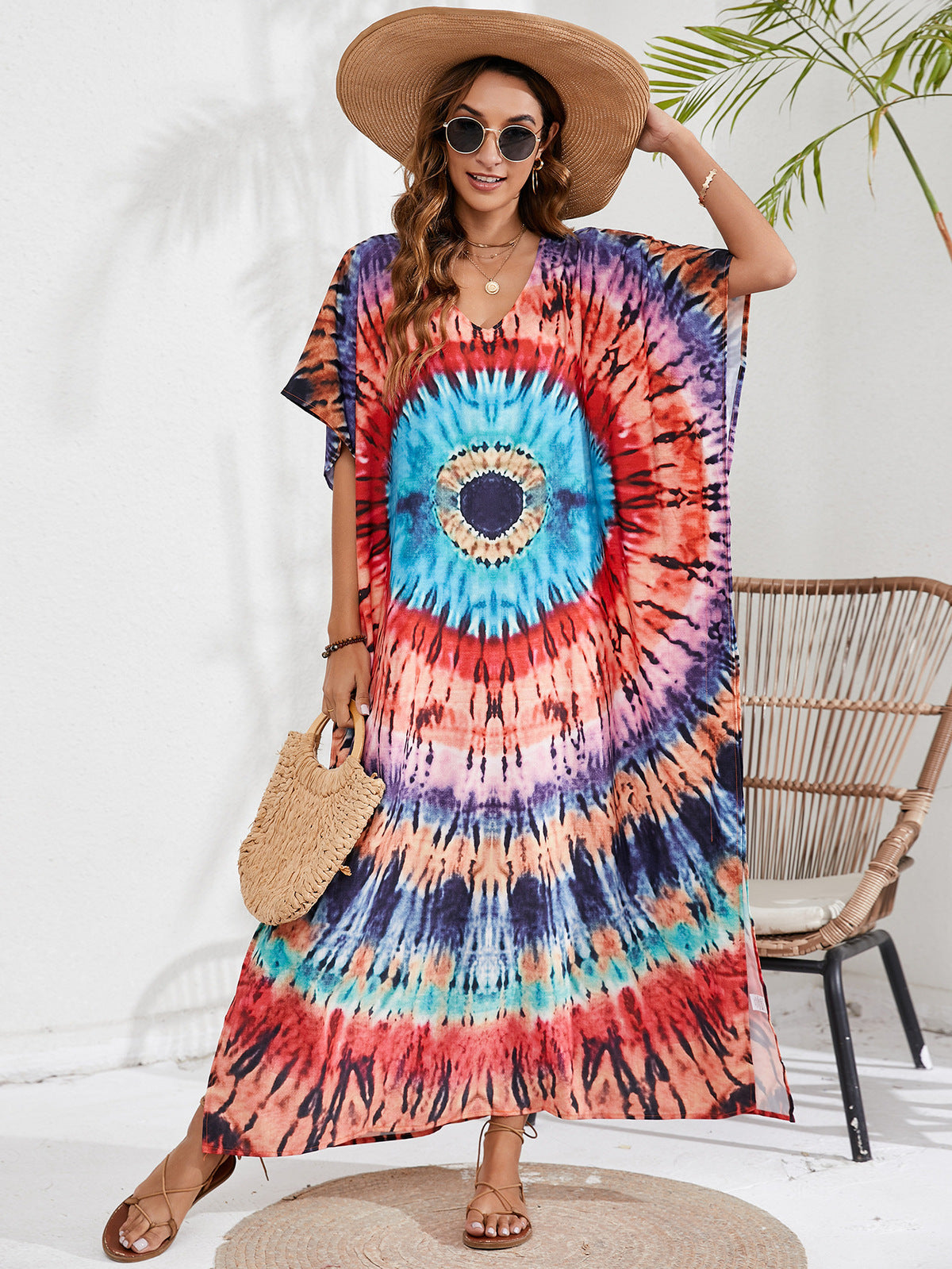 Women's Casual Tie-Dye Beach Short Sleeve Loose Swimsuit Cover-Ups