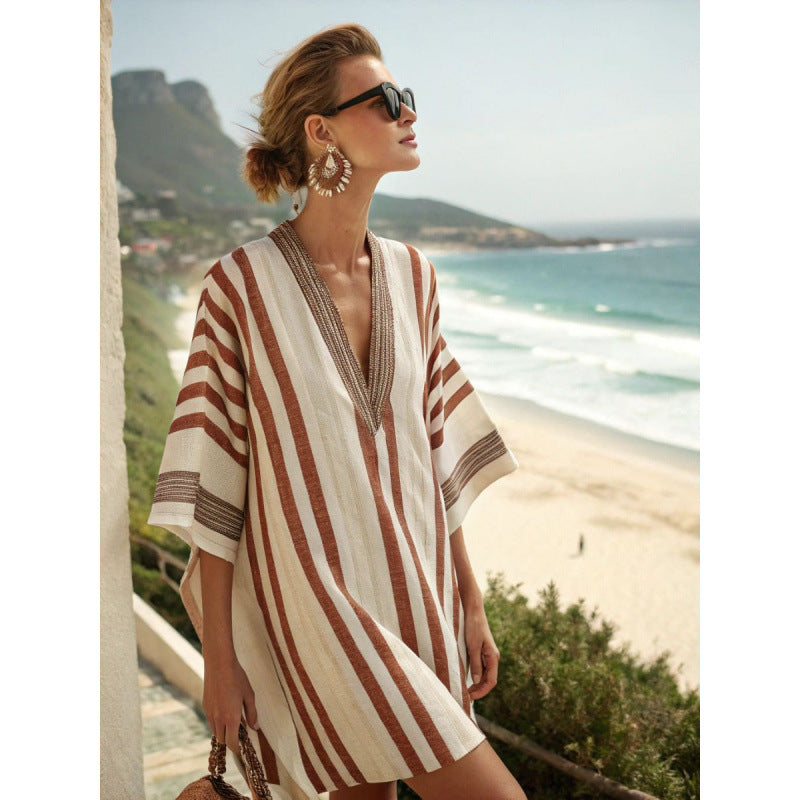 Women's Casual Boho Vacation Printed V-Neck Short Sleeve Loose Dress