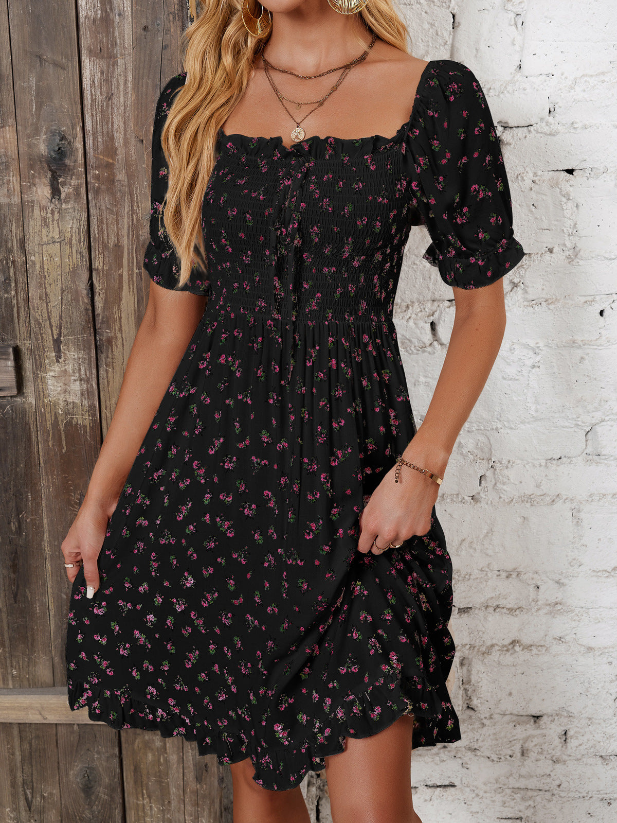 Women's Casual Floral Printed Square Collar Short Sleeve Ruffled Dress