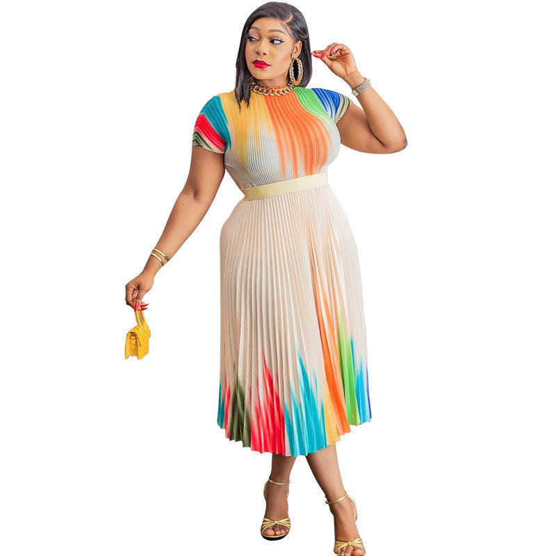 Women's Casual Abstract Printed Pleated Midi Dress, Short Sleeve