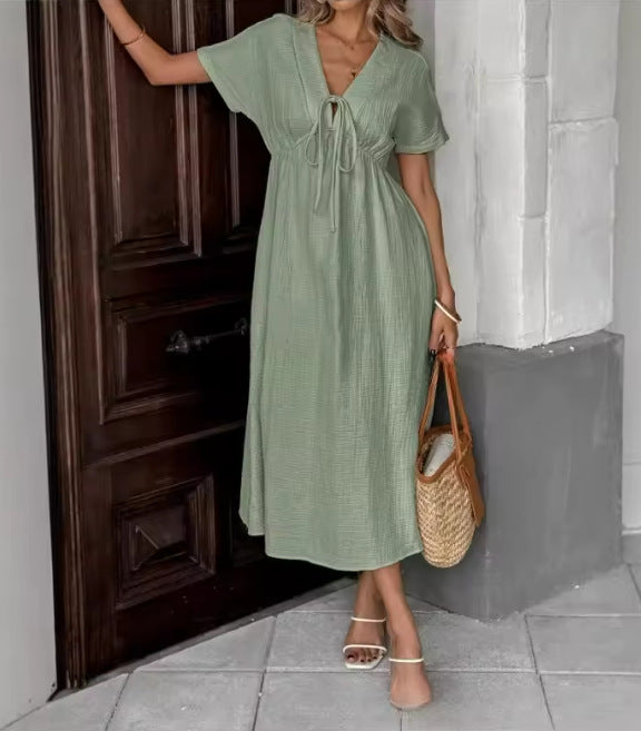 Women's Casual Summer Solid Color V-Neck Short Sleeve Loose A-Line Dress