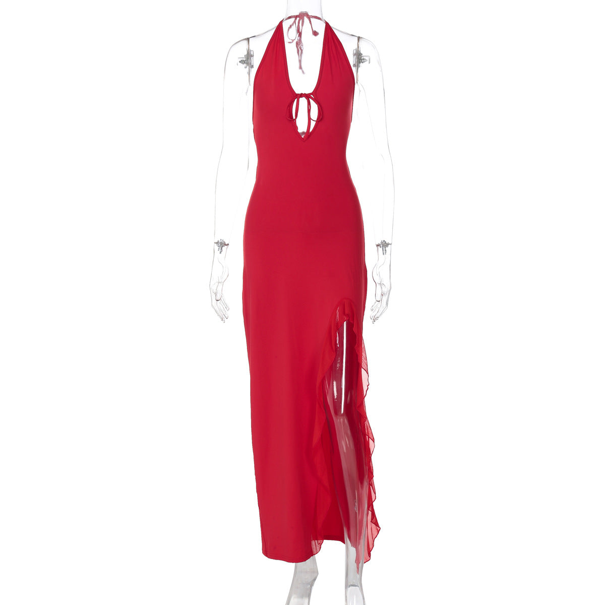 Women's Summer Solid Color V-Neck Halter-Neck Backless Ruffled Lace-Up Dress