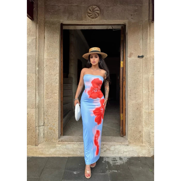 Women's Sexy Hanging Print Tube Top Bodycon Maxi Dress