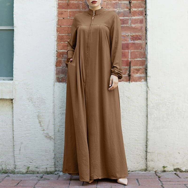 Women's Solid Color Long Sleeve Stand Collar Zip Cardigan Abaya Maxi Dress