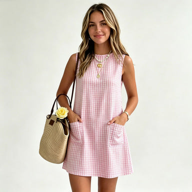 Women's Casual Summer Plaid Sleeveless Round Neck Pocket Back Zip Dress