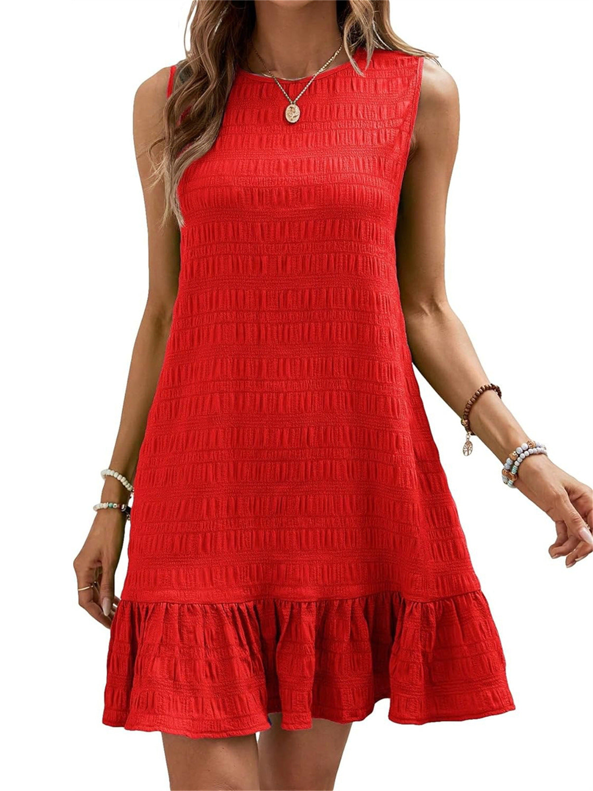 Women's Casual Sleeveless A-Line Dress-Solid Color Round Neck Mini Dress