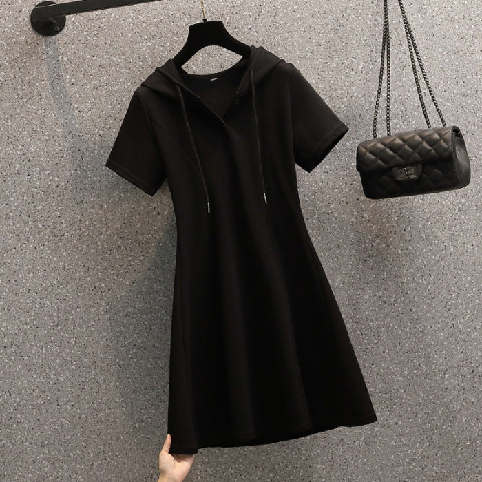 Women's Casual Solid Color V-Neck Short Sleeve Loose Hooded Pullover Dress
