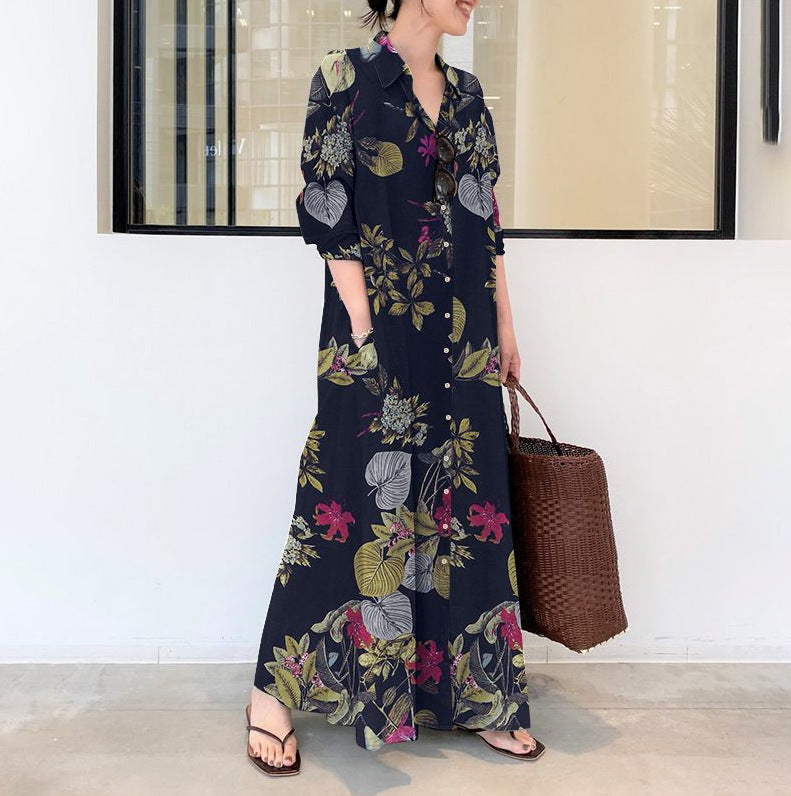 Women's Casual Floral Print Lapel Long Sleeve Shirt Maxi Dress