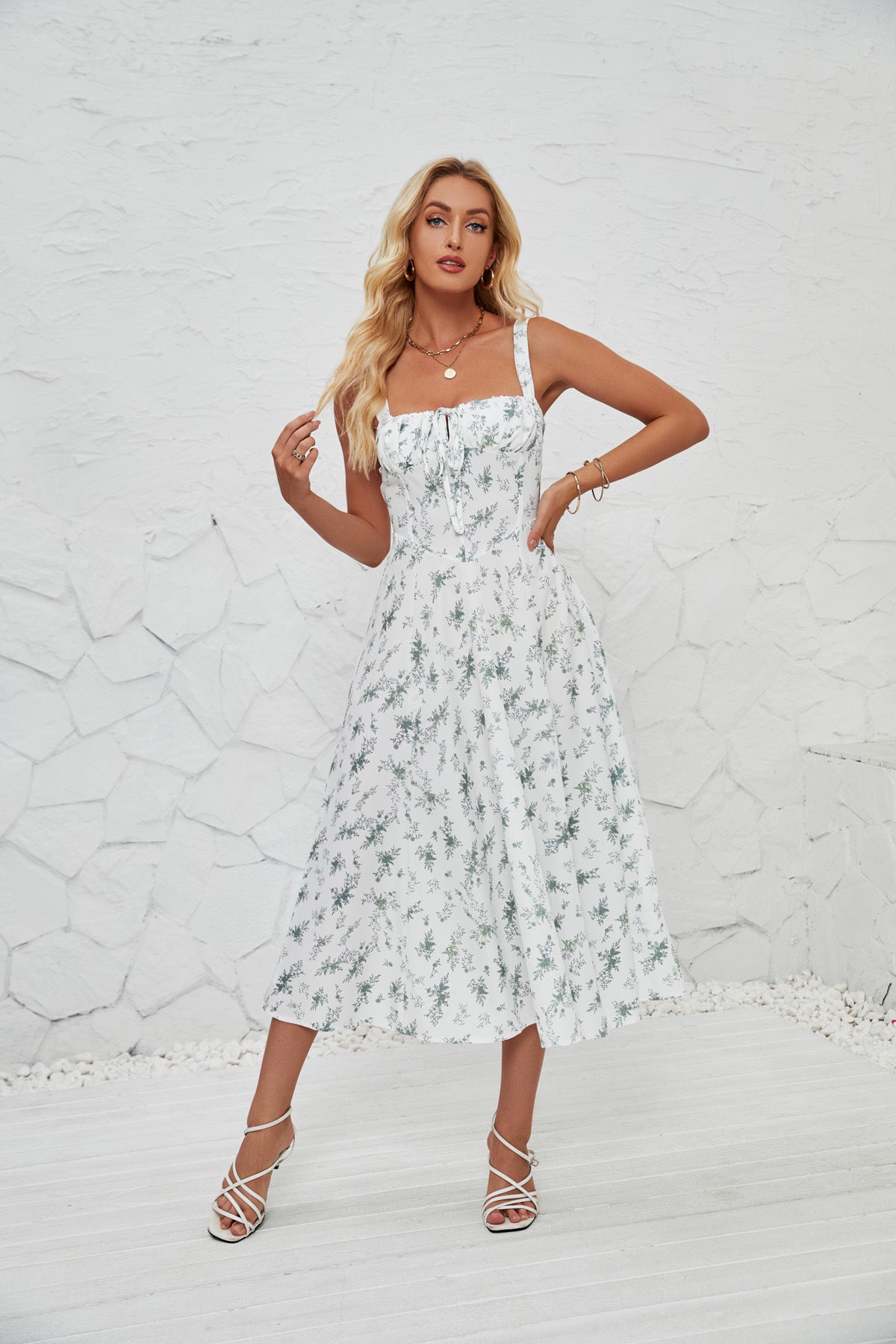 Women's Summer Floral Print Strap Side Slit Midi A-Line Dress