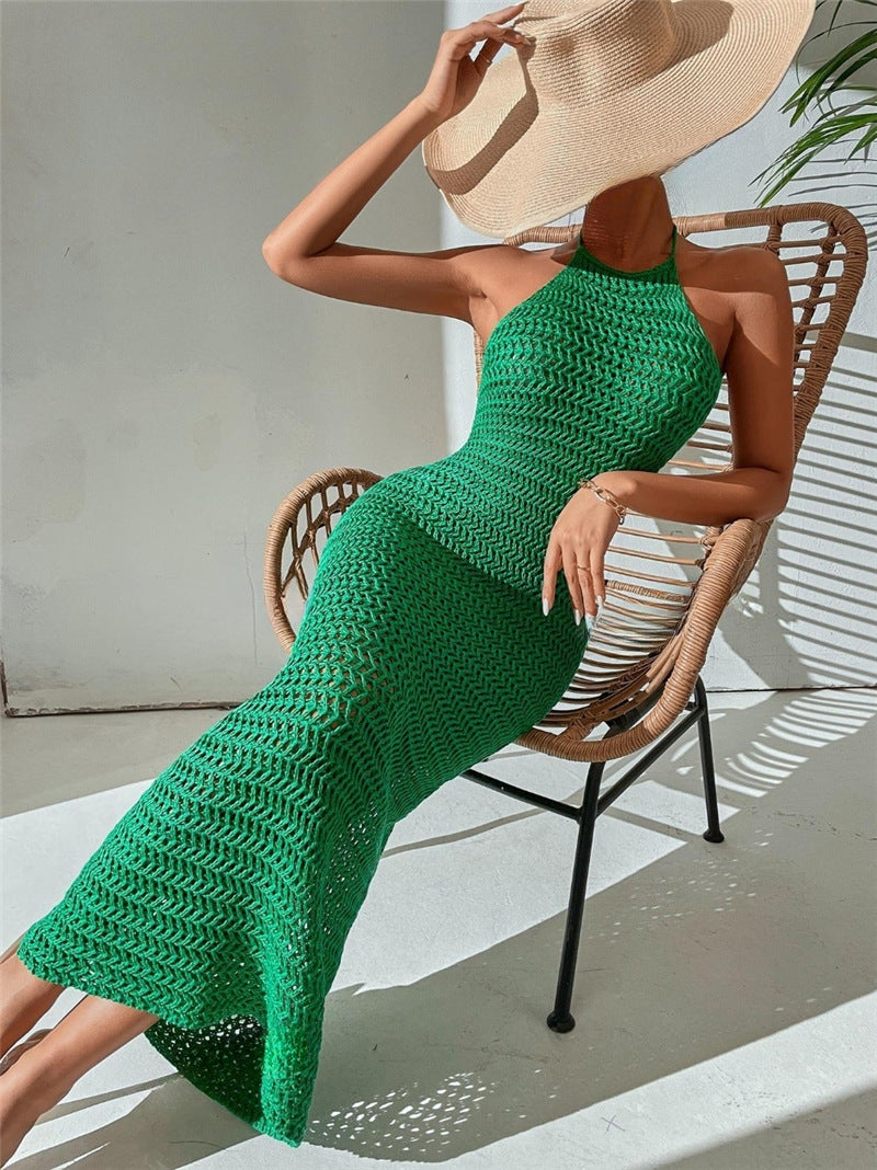 Women's Sexy Solid Color Hanging Neck Backless Knitted Hollow Maxi Dress