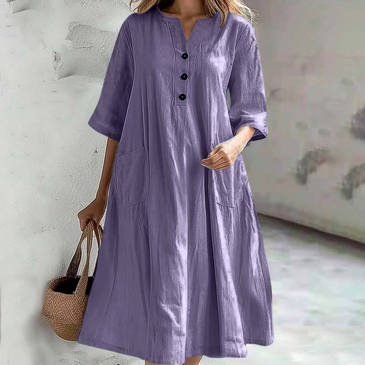 Women's Solid Color Cotton and Linen V-Neck Half-Sleeve Three-Button Dress