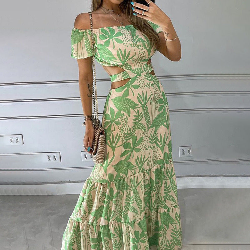Women's Casual Summer Printed Off-Shoulder Short Sleeve Hollow-Out Dress