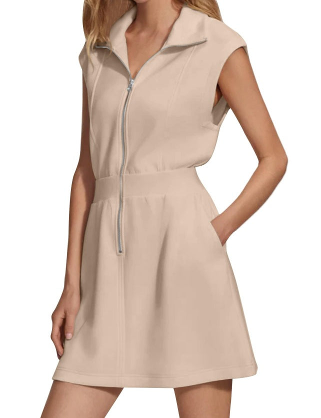 Women's Casual Solid Color Lapel Zipper Pocket Sleeveless Dress