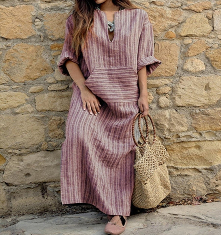Women's Casual Cotton Linen Yarn-Dyed Striped Loose Maxi Dress