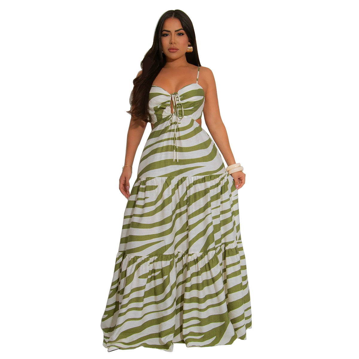 Women's Sexy Stripe Printed Spaghetti Strap Backless Loose Dress