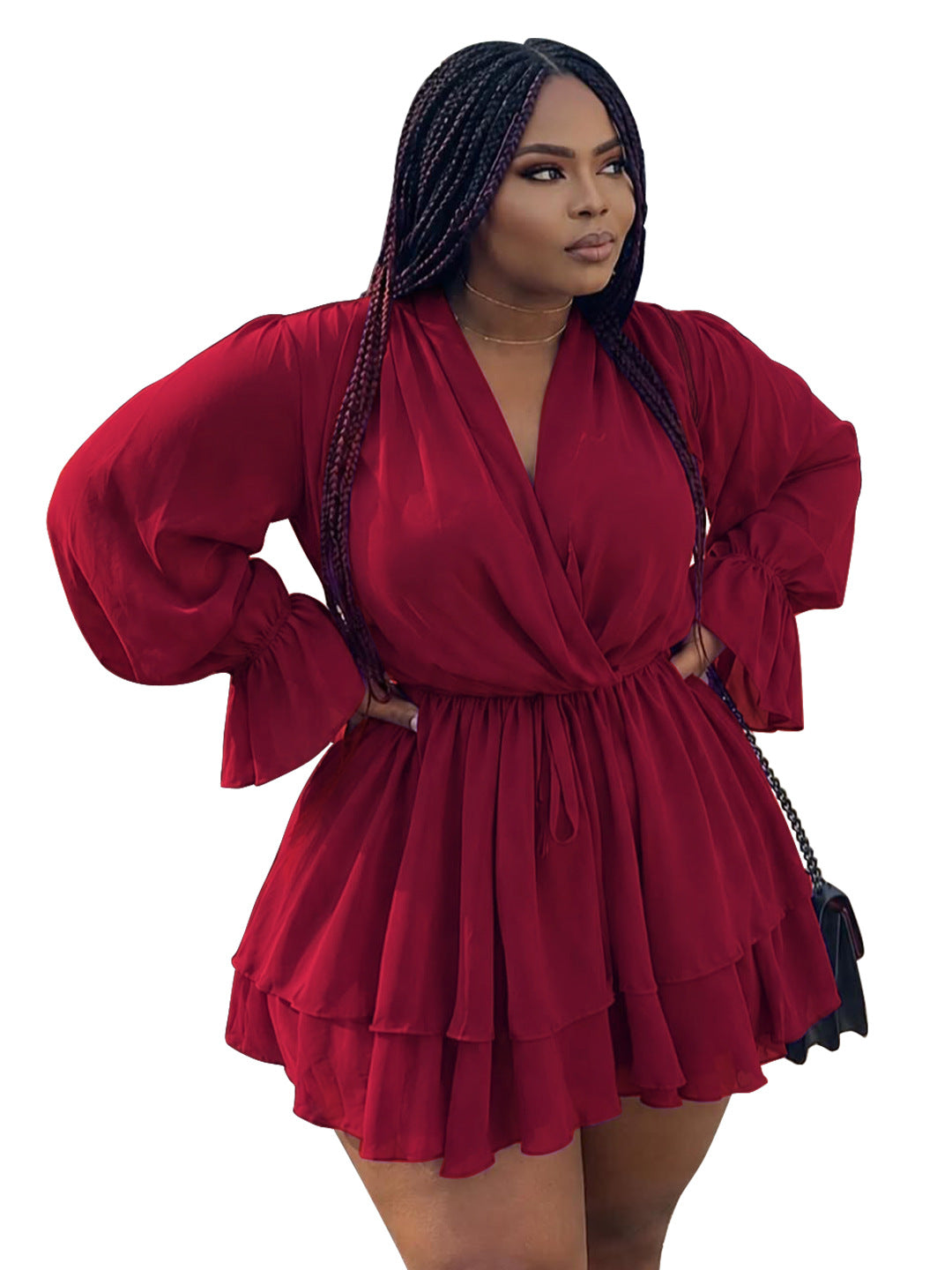 Women's Plus Size Solid Color V-Neck Long Sleeve Lace-Up Waist Multi Layer Dress