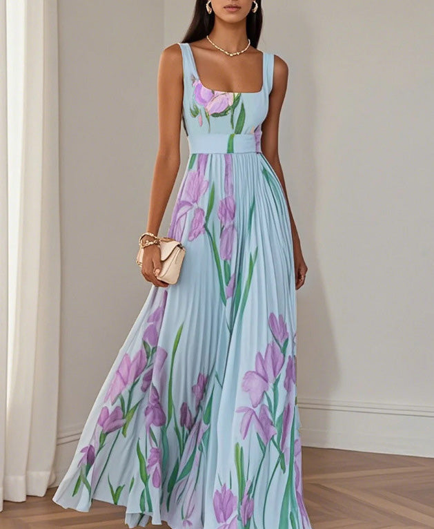 Women's Elegant Spring Flower Print Sleeveless Pleated Dress