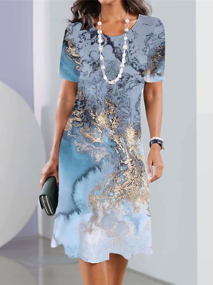 Women's Casual Geometric Print High Waist Midi Dress, Round Neck