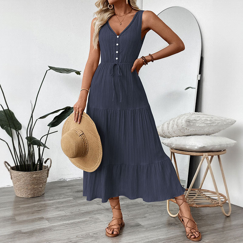 Women's Casual Solid Color V-Neck Sleeveless Loose Dress