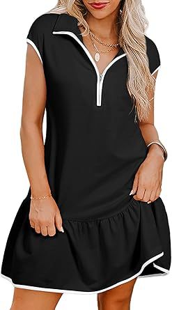 Women's Casual Color Block Short Sleeve Zipper Pullover Dress
