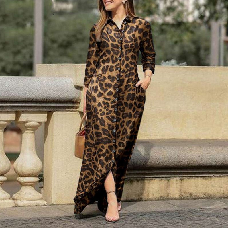 Women's Casual Leopard Print Long Sleeve Button Maxi Shirt Dress