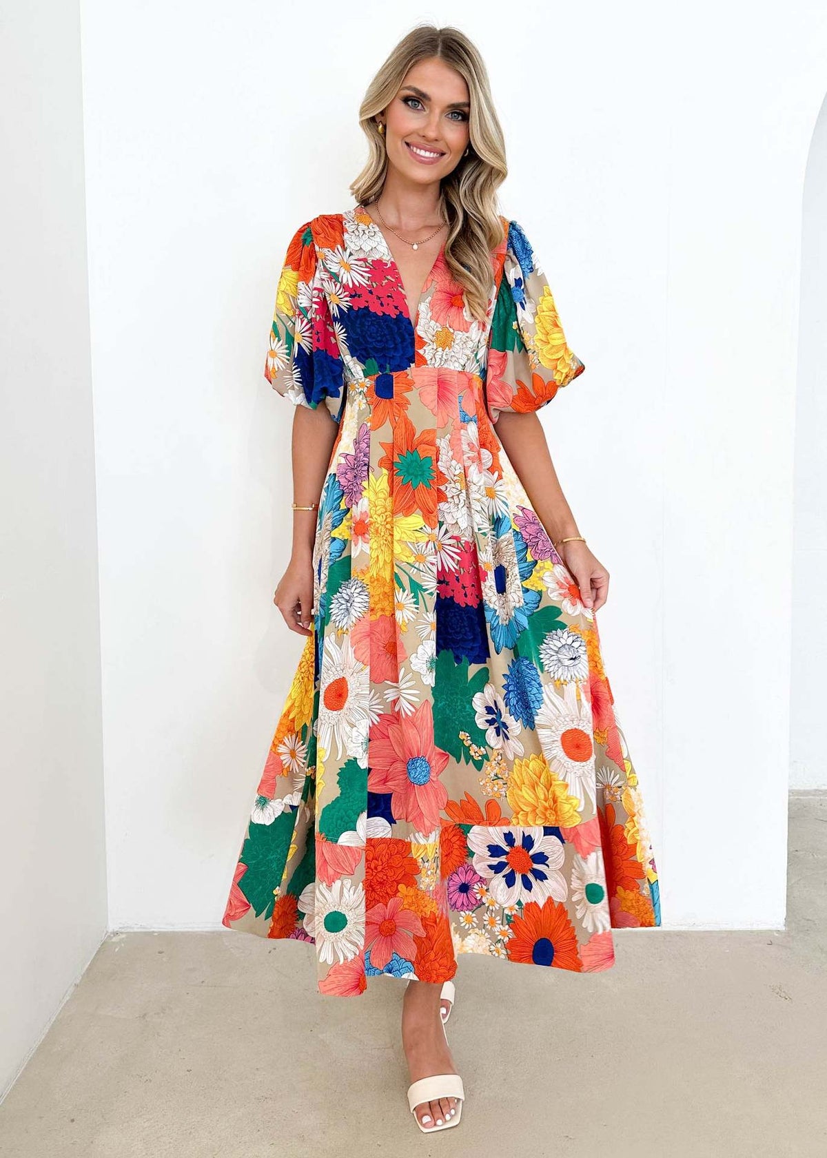 Women's Vacation Casual Floral Print Puff Sleeve Maxi Dress