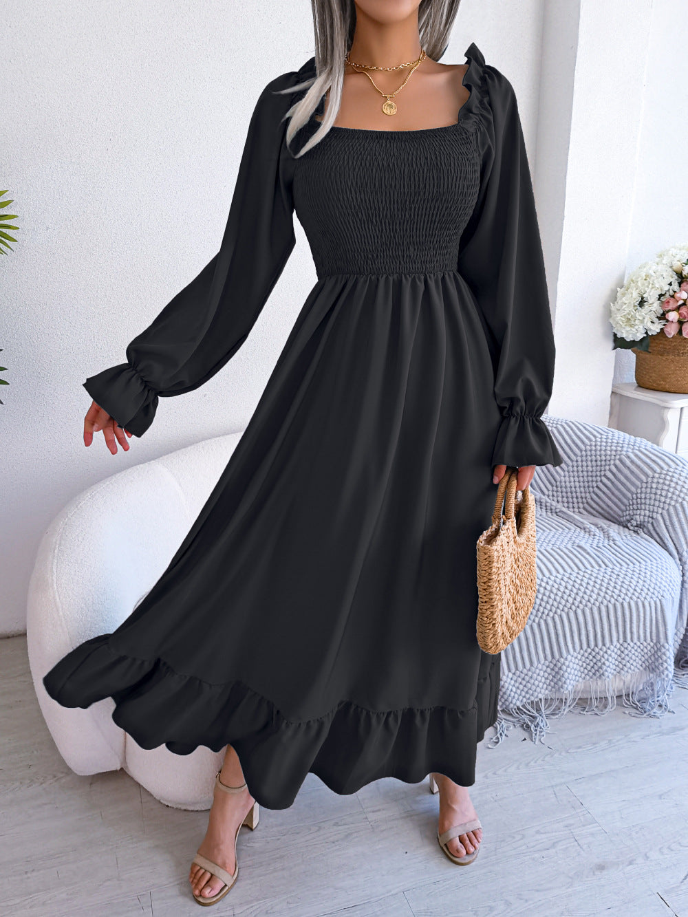 Women's Casual Square Collar Ruffled Maxi Dress