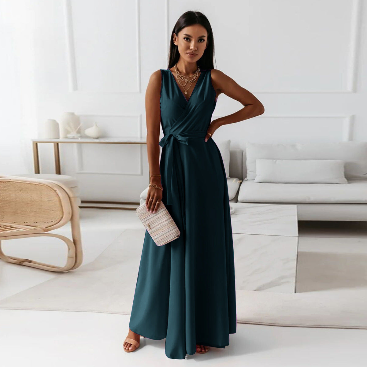 Women's Casual Summer Solid Color Lace-Up V-Neck Sleeveless Long Dress