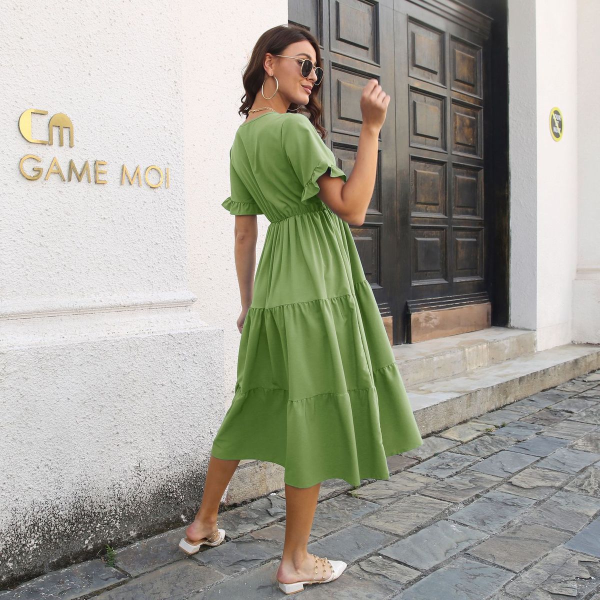 Women's Casual Summer Solid Color V-Neck Short Sleeve Ruffled Layered Dress
