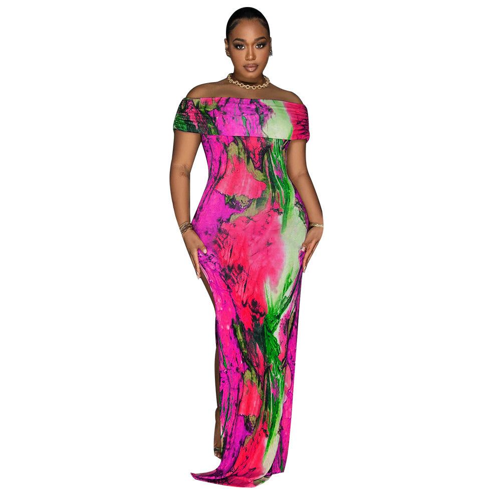 Women's Off-Shoulder Sexy High Split Tie Dye Print Maxi Dress