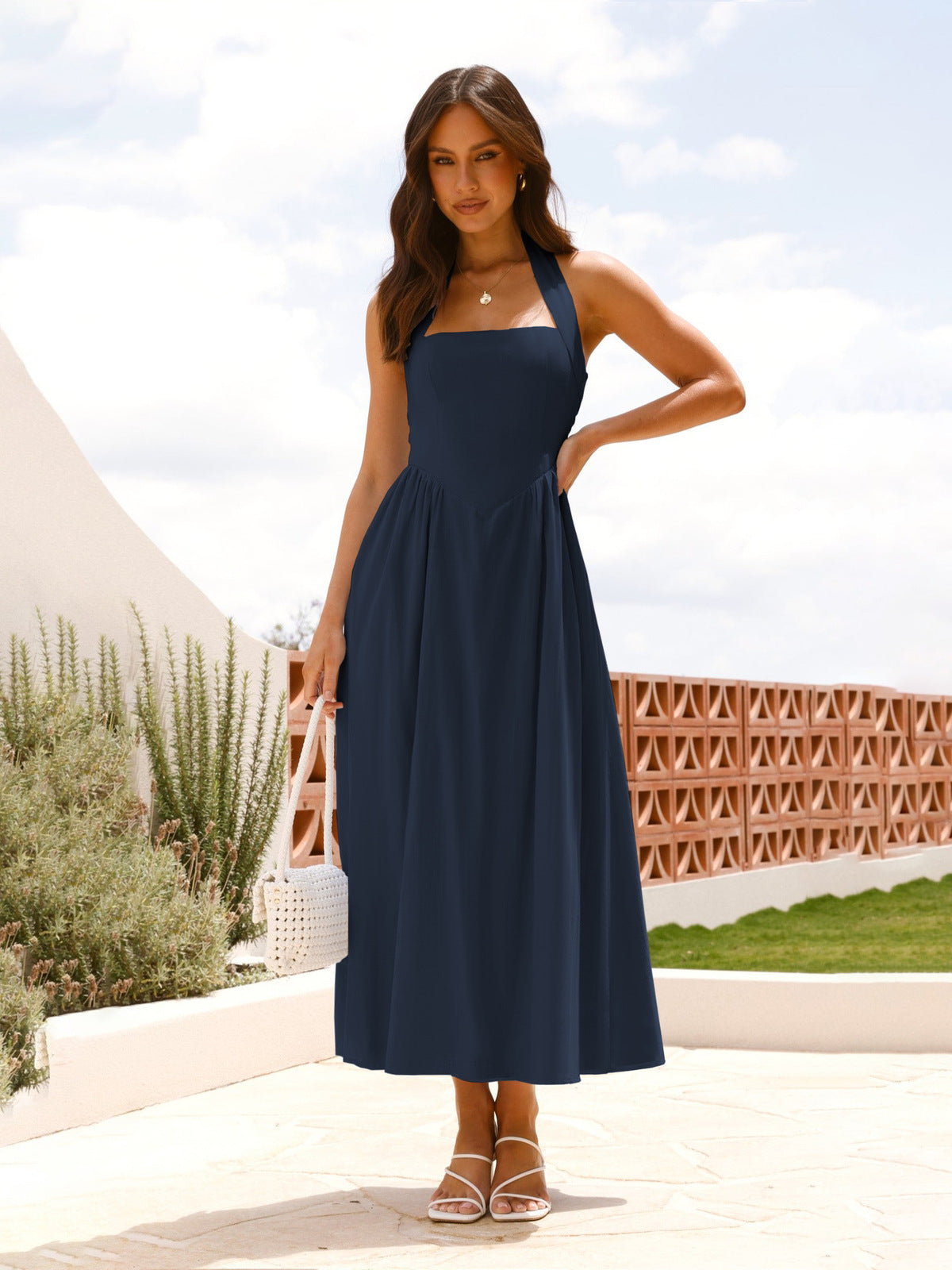 Women's Solid Color Square Collar Halter-Neck Backless Tight Waist A-Line Dress