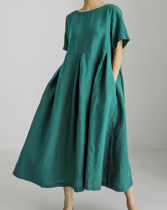 Women's Casual Solid Color Cotton and Linen Round Neck Short Sleeve Loose Dress