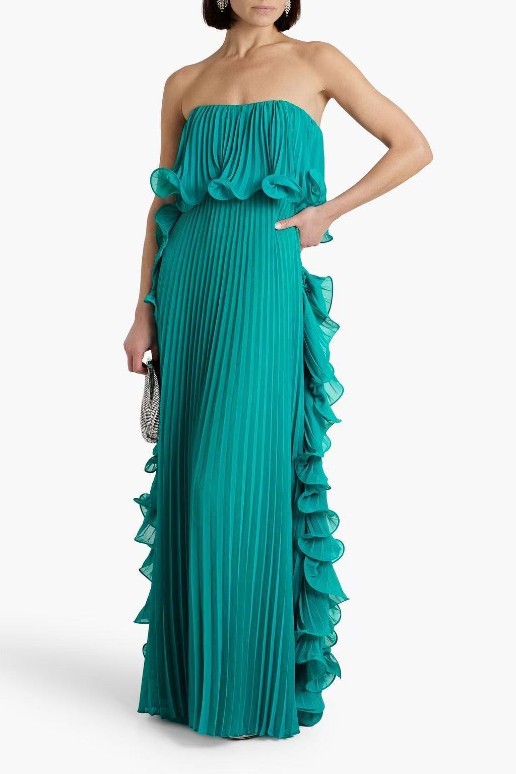 Women's Holiday Solid Color Tube Top Pleated Maxi Dress