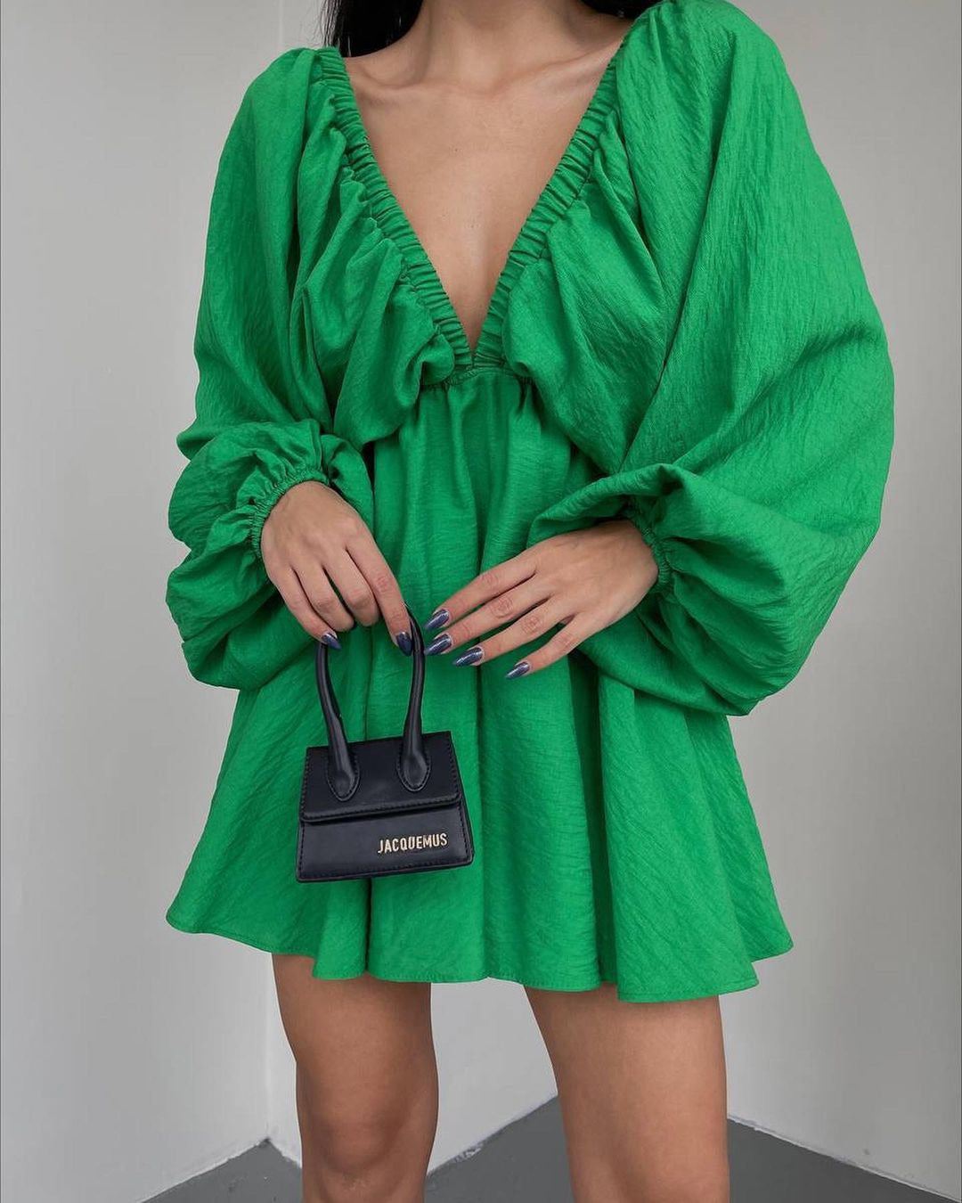 Women's Casual Solid Color V-Neck Long Sleeve Puff Sleeve Dress