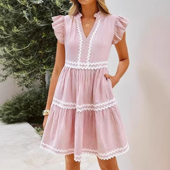Women's Contrast Color Stripe Stitching V-Neck Lotus Leaf Sleeve A-Line Dress