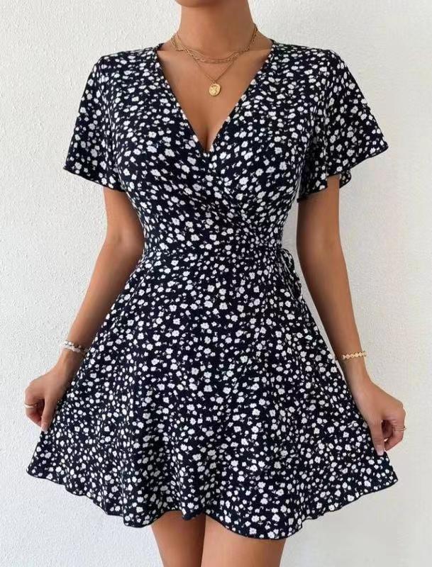 Women's Summer Casual Tiny Flower-Print Ruffle Wrap Dress