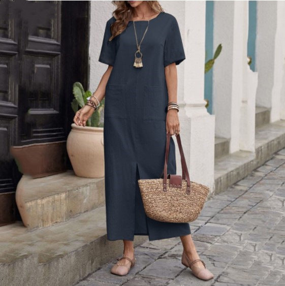 Women's Casual Summer Solid Color Cotton Linen Round Neck Short Sleeve Dress