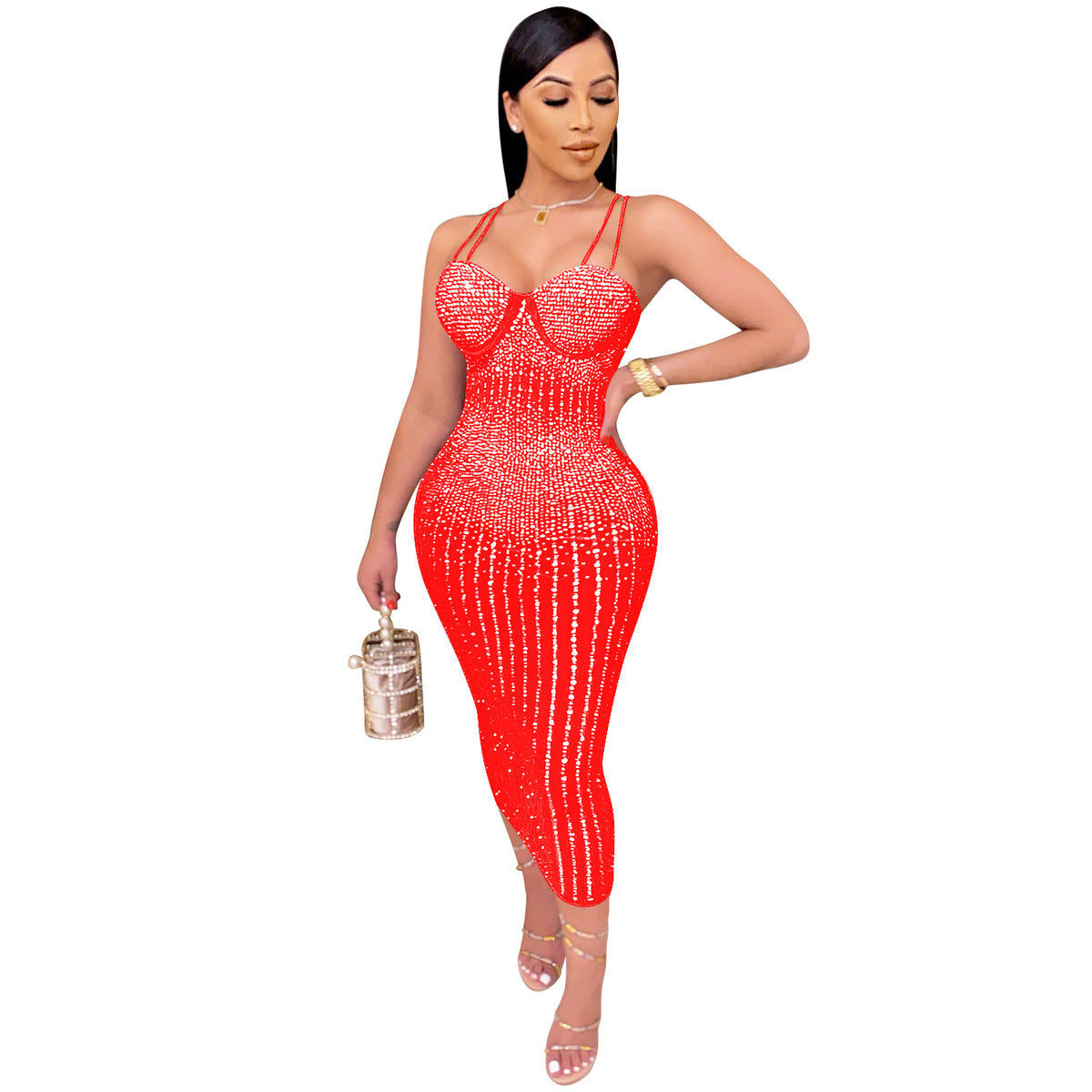 Women's Sexy Mesh Rhinestone Spaghetti Strap Bodycon Dress