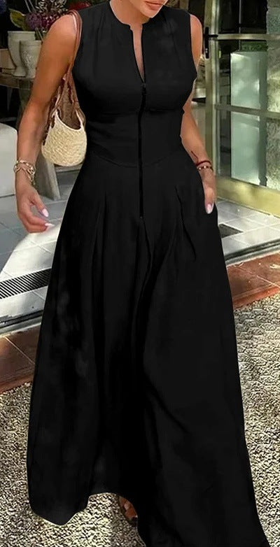 Women's Casual Summer Solid Color Sleeveless Zipper Long A-Line Dress