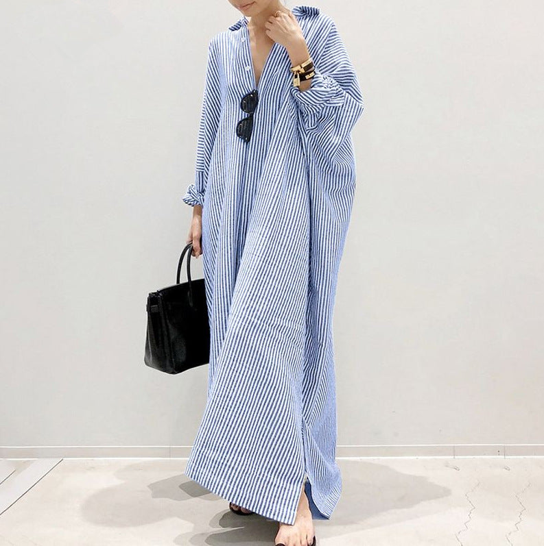 Women's Loose Stripe Print Large Size Maxi Dress, with Raglan