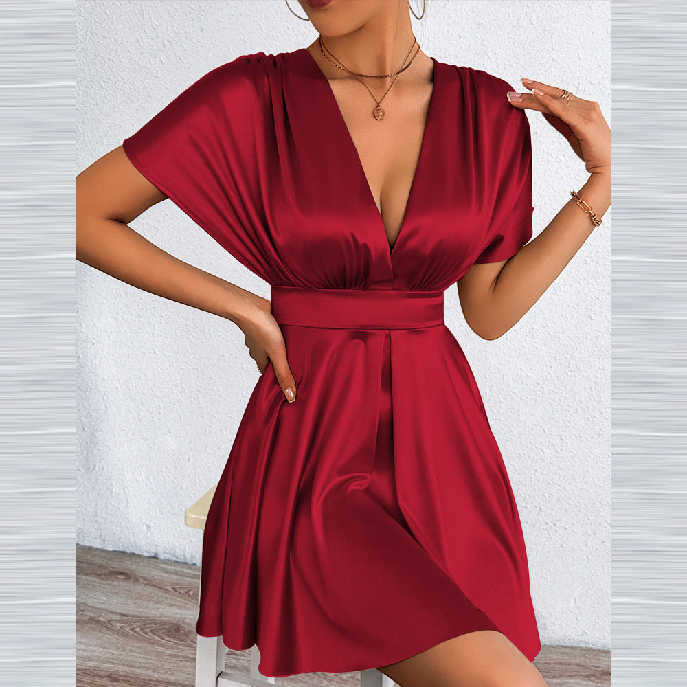 Women's Elegant Solid Color V-Neck Short Sleeve Waist A-Line Dress