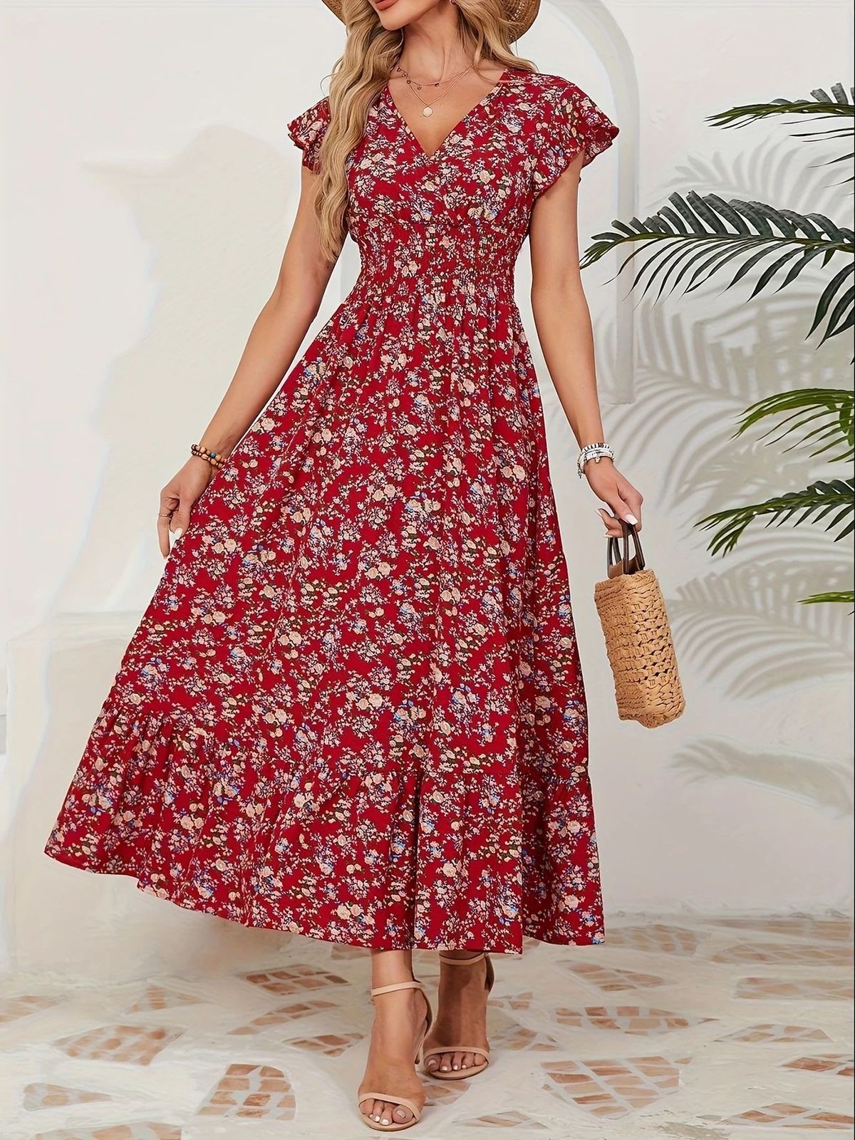 Women's Casual Summer Flower Print V-Neck Short Sleeve A-Line Loose Dress