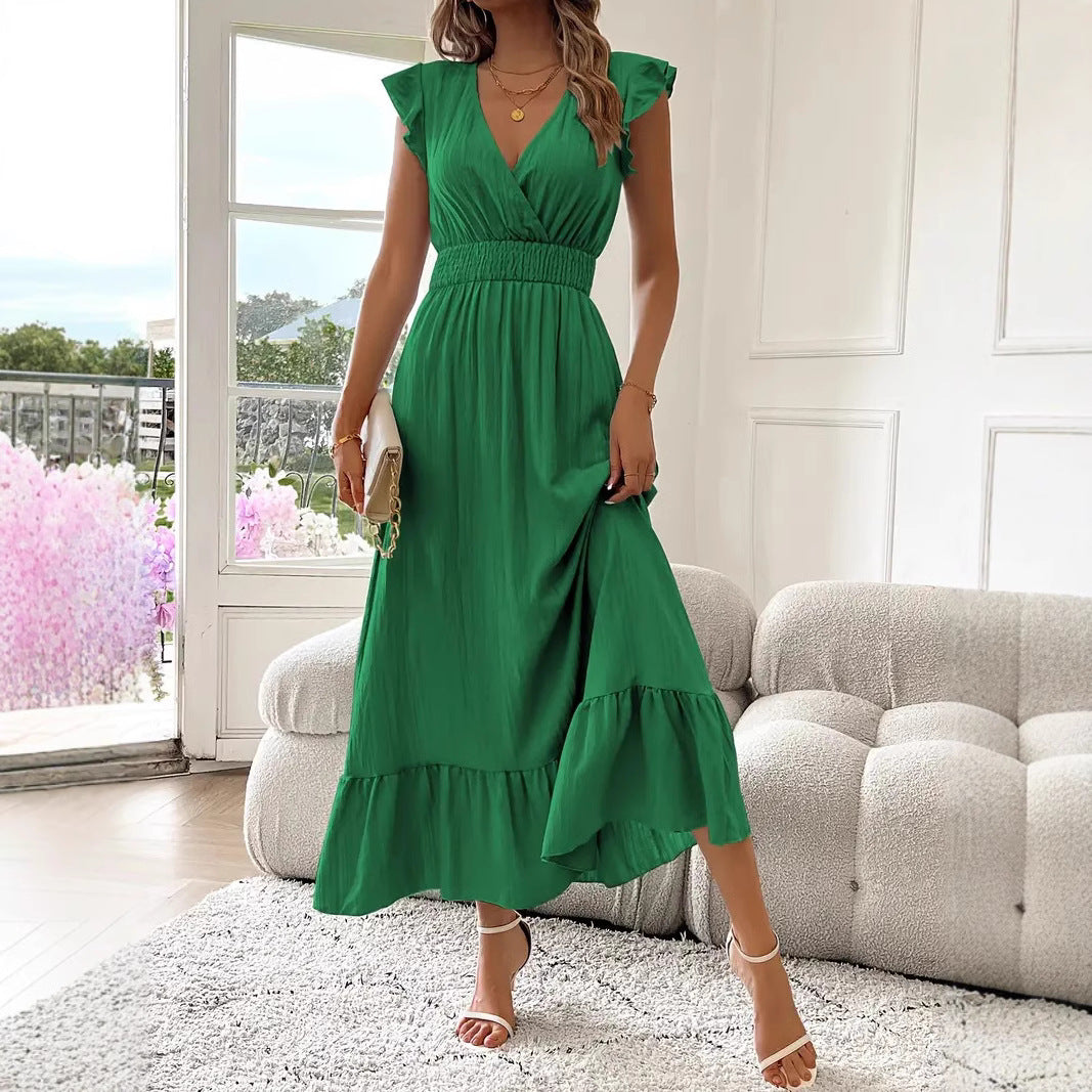 Women's Casual Summer Solid Color V-Neck Short Sleeve A-Line Dress