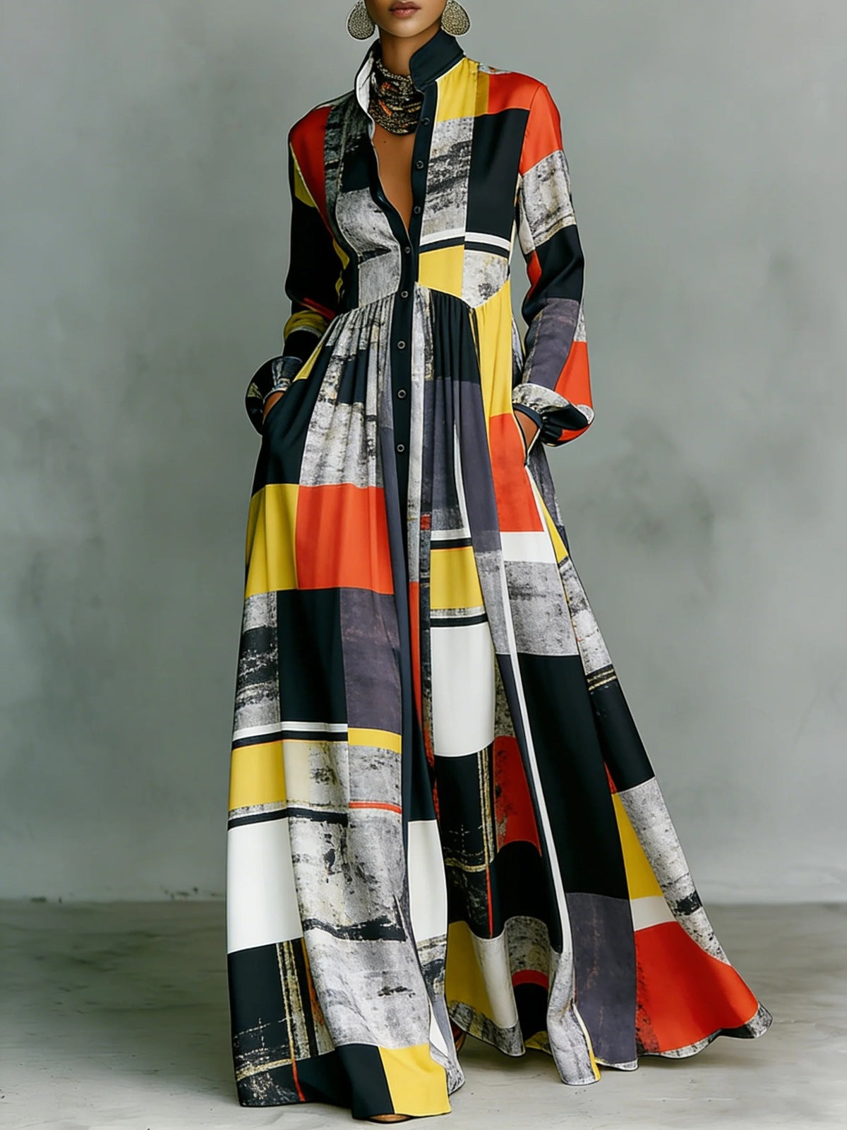 Women's Vacation Casual Elegant Printed Long Sleeve Single-Breasted Maxi Dress